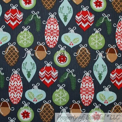 BonEful FABRIC Cotton Quilt Red Green Deer Pine Cone Tree Leaf Ornament MI SCRAP - Image 1 of 4
