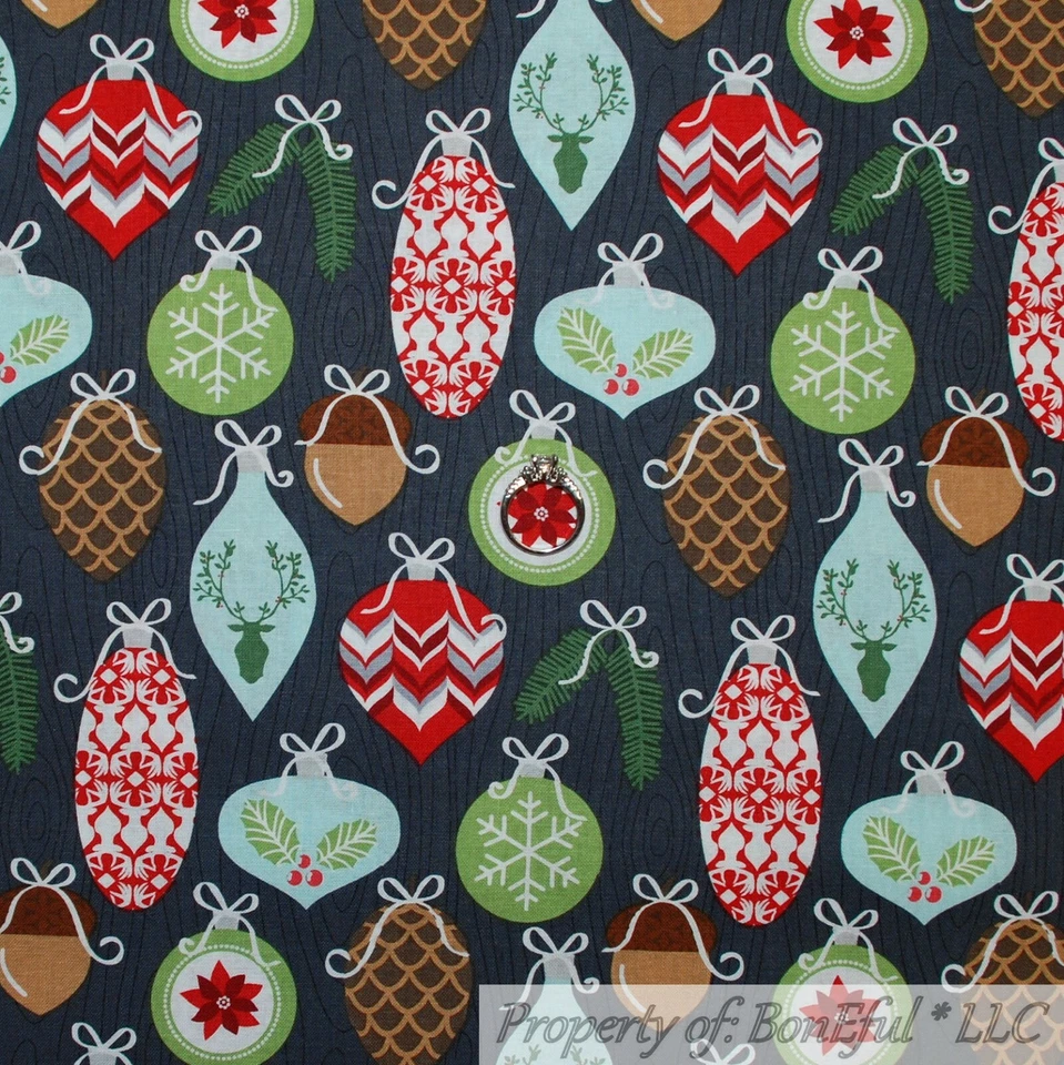 BonEful FABRIC Cotton Quilt Red Green Deer Pine Cone Tree Leaf Ornament CO SCRAP - Image 1 of 4