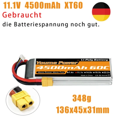 Youme 11,1V 3S 4500mAh Lipo Akku XT60 für RC Hubschrauber Flugzeug Boot Auto LKW - Bild 1 von 3