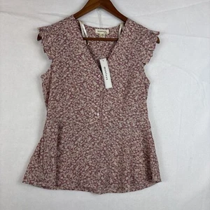 NWT Monteau Womens L Pink Floral Blouse Ruffle Short Sleeve V Neck 3 Button - Picture 1 of 8
