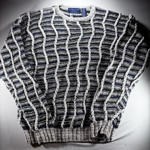 Vtg 90’s Northern Isle Coogi Style Sweater Hand Knit Men’s XL Ivory/Blue/Grn 3D - Picture 1 of 9