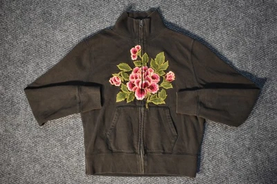 VTG Lucky Brand Hoodie Y2K Zip Floral Embroidery Womens Sz M RARE Brown Mock - Image 1 of 4