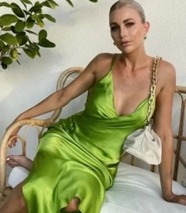 ZARA GREEN DRAPED RUCHED CAMISOLE Y2K MIDI DRESS BLOGGERS FAV SOLD OUT Sz L BNWT - Picture 1 of 8