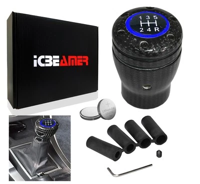 Racing Style Black Carbon Fiber LED Blue Light Sport Manual Gear Shift Knob S19 - Image 1 of 4