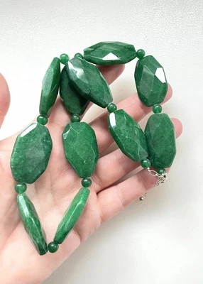 Collar Grueso Vintage Plata 925 Multi Facetado Verde Aventurina Declaración 17" Foto 1 de 4