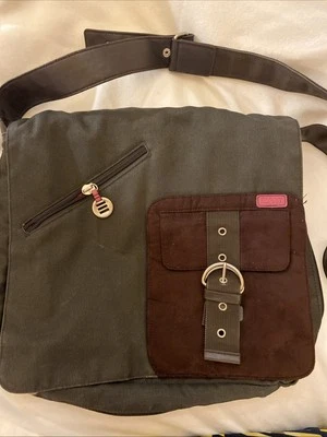 Esprit Canvas Suede Army Green Coco Brown Vintage Crossbody Travel Bag Military - Image 1 of 4