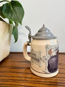 Antiker deutscher Charakter Steinzeug Bierstein Krug Brauerei Merkelbach & Docht 1/2L - Bild 1 von 12