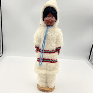 Vintage Eskimo Doll Folk Art Wood Base Faux Fur Collectible - Picture 1 of 10