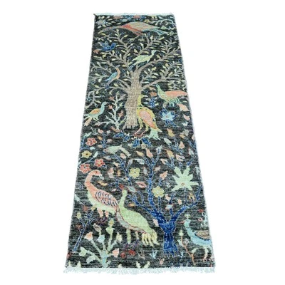 2'x6'2" Gray Hand Knotted Afghan Peshawar Birds Design Wool Runner Rug G20043 - Image 1 of 4