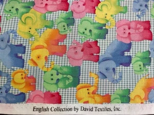 3 Yards Rainbow Elephant On Tiny Blue Gingham English Collection David Textiles - Picture 1 of 3