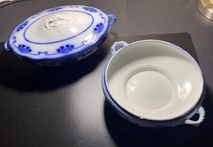 2 PCS - Antique FLOW BLUE Grindley Vegetable & Covered Casserole Lorne AS IS! - Picture 1 of 17