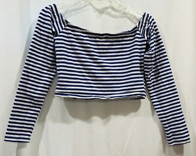 Blusa cropped feminina Double Zero manga longa fora dos ombros listra branca/azul tamanho G - Imagem 1 de 4