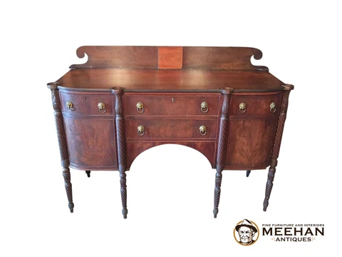 1880's Crotch Mahogany Sideboard Lion Head Brass Drawer Pulls Cover