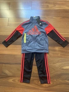 Adidas Kids Two Piece Tricot Jacket Pant Set Boys Size 5 Grey Red Black NEW Tags - Picture 1 of 11
