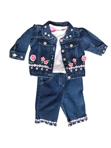 Vintage Hopscotch Size 3-6 Month Girls Three Piece Outfit Denim Pink Embroidered - Picture 1 of 12