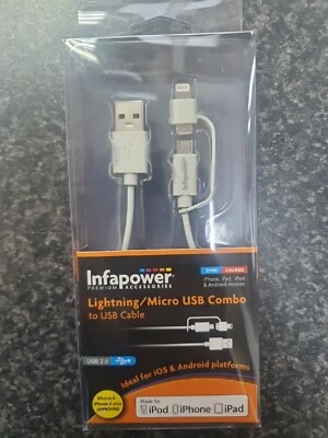 Infapower For 8-pin & Micro USB Combo Cable Fast Data Sync & Charge White Colour - Image 1 of 2