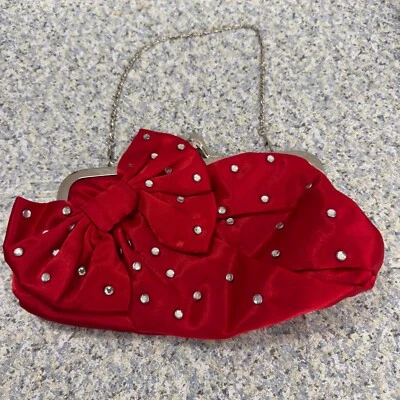 Red Satin Rhinestone Clutch High Heel Kiss Evening Bag Purse Pin Up Rockabilly - Image 1 of 4