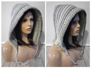 gehäkelte Damen Handarbeit Pixie übergroße Kapuze Mütze Scoodie verblassend grau - Bild 1 von 3