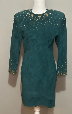 Vestido ajustado vintage Pia Rucci cuero verde gamuza detalles cuentas doradas talla 12 Foto 1 de 4