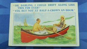 Donald McGill Comic Postkarte 1934 Half A Crown Münze Bootfahren Ruderboot Drift - Bild 1 von 2