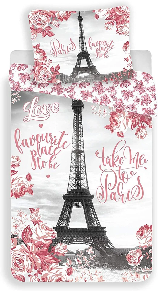 JERRY FABRICS Parure Paris Tour Eiffel Roses 140 x 200 + 50 x 70 cm 100% coton - Photo 1/1
