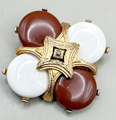 Vintage Lisner Brooch Signed Rehinstone Gold Tone Brown Cream 80's Retro - Image 1 of 4