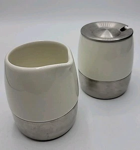 Starbucks Sugar Creamer Set Coffee 2005 Stainless Steel Ceramic Modern With Lid - Picture 1 of 4