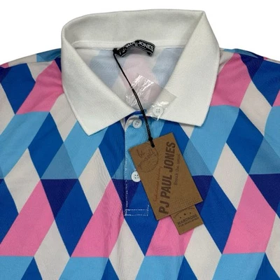 Camisa polo de golf Paul Jones para hombre talla M azul/rosa argyle manga corta elástica Foto 1 de 4