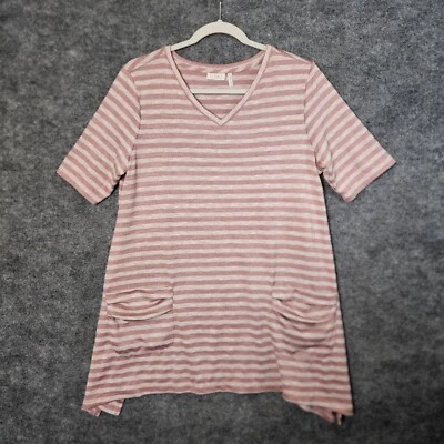 LOGO Lori Goldstein 上衣女式 L Mauve 粉红色条纹针织束腰外衣垂褶下摆海滩 — 第 1/4 张图片