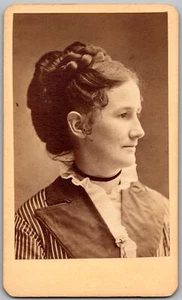 ANTIQUE CDV CIRCA 1880S HALL GORGEOUS LADY STRIPED DRESS CHICAGO ILLINOIS - Picture 1 of 4