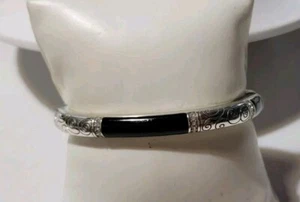 Brighton WILTERN Silver Scrolled Crystal Black Enamel Hinged Bangle Bracelet EUC - Picture 1 of 7