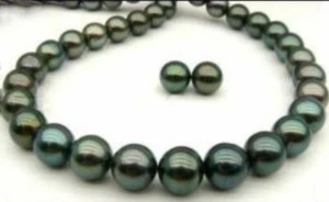 Exquisite 9-10mm Natural Tahitian Black Pearl Necklace Earrings Set 18inch - Picture 1 of 3