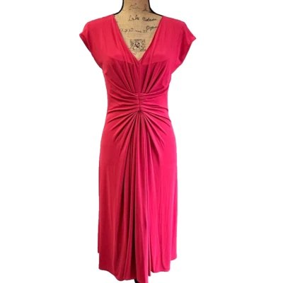 Vestido Armani Collezioni Rosa Caliente Talla S/M Cuello en V Manga Gorra Vestido Frente Acanalado Foto 1 de 4