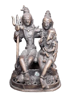 India 19th c Bronze group Shiva Parvati and Ganesha - Picture 1 of 11