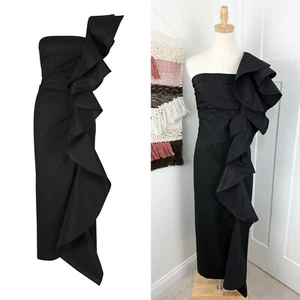 Johanna Ortiz Rosette One Shoulder Ruffle Cotton Midi Dress Black Sz 10 NWT - Picture 1 of 11