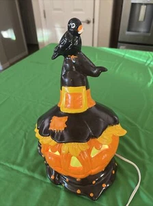 Vintage Pumpkin Ceramic Lighted 13.5" w/ Bird on Hat - Picture 1 of 3