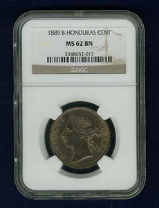 BRITISH HONDURAS VICTORIA 1889 1 CENT COIN, UNCIRCULATED CERTIFIED NGC MS62-BN - Picture 1 of 4