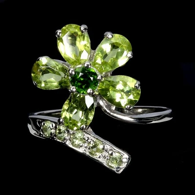 925 Sterling Silver Ring Pear Peridot 6x4mm Chrome Diopside Gemstone Jewelry 7 - Image 1 of 4