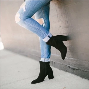 Stuart Weitzman Womens Black Notazzie Suede Boots Booties Pointed Toe Block Heel - Picture 1 of 11