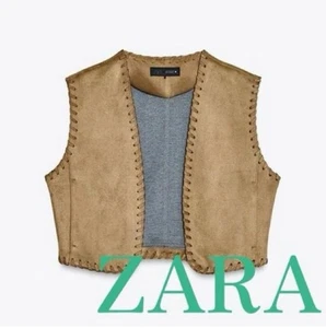 Zara Tan Braided Faux Suede Vest Waistcoat Size L 6318/041 - Picture 1 of 5