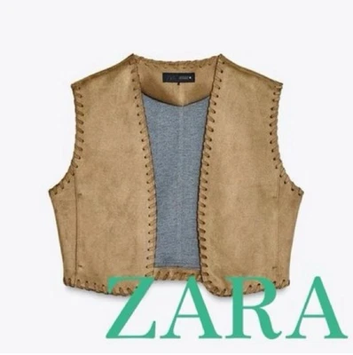 Zara Tan Braided Faux Suede Vest Waistcoat Size L 6318/041 - Image 1 of 4
