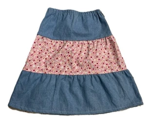 Girl tiered skirt lt blue jean denim pink floral long full modest size XS 2 3 T - Picture 1 of 1