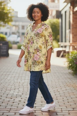 Blusa túnica denim 24/7 verde claro floral pintuck cottagecore 28W 4X Foto 1 de 4