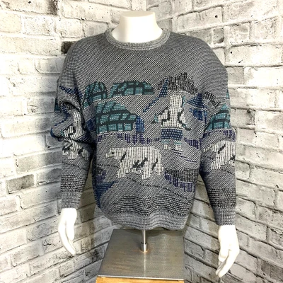 Vintage Jantzen Sweater Mens L Gray Polar Bear Arctic Grandpa Dad Retro 90s 80s - Image 1 of 4