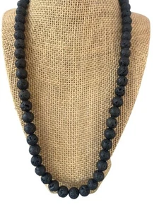 Black Lava Stone Beaded Necklace Lobster Clasp Closure Unisex Volcanic 22" - Picture 1 of 4