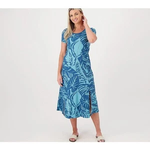 Cuddl Duds Maxi Dress Women Sz L Short Sleeve Stretch Flexwear Teal Palm Leaves - Picture 1 of 9