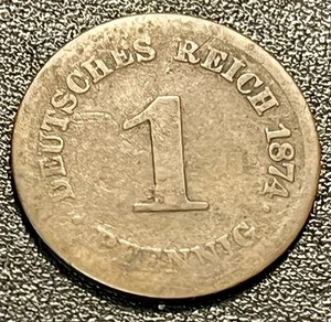 Moneda de 1 penique del Reich alemán de 1874 con una “E” acuñada en fecha clave Muldenhutten - Imagen 1 de 4