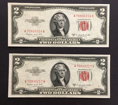 2 consecutive 1953B $2.00 TWO DOLLAR RED SEAL Bill uncirculated AA block - Image 1 of 2