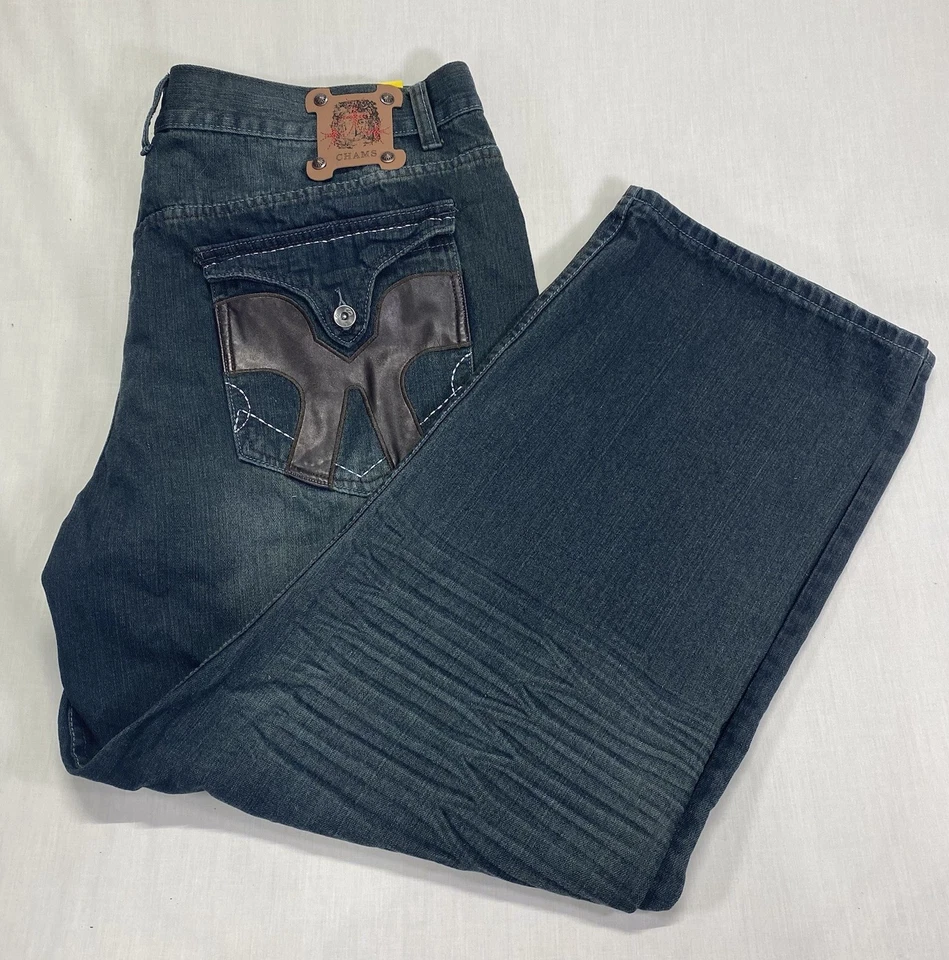 CHAMS Masculino DARK WASH Perna Reta Relaxada PretoJEANS TAMANHO 48X 32NOVO Bordado - Imagem 1 de 4