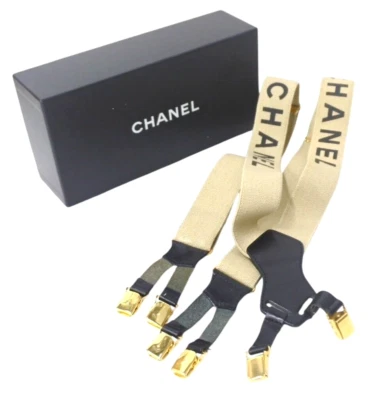 Tirantes Chanel CC Beige Negro Dorado Lona Cuero Vintage Con Caja Foto 1 de 4